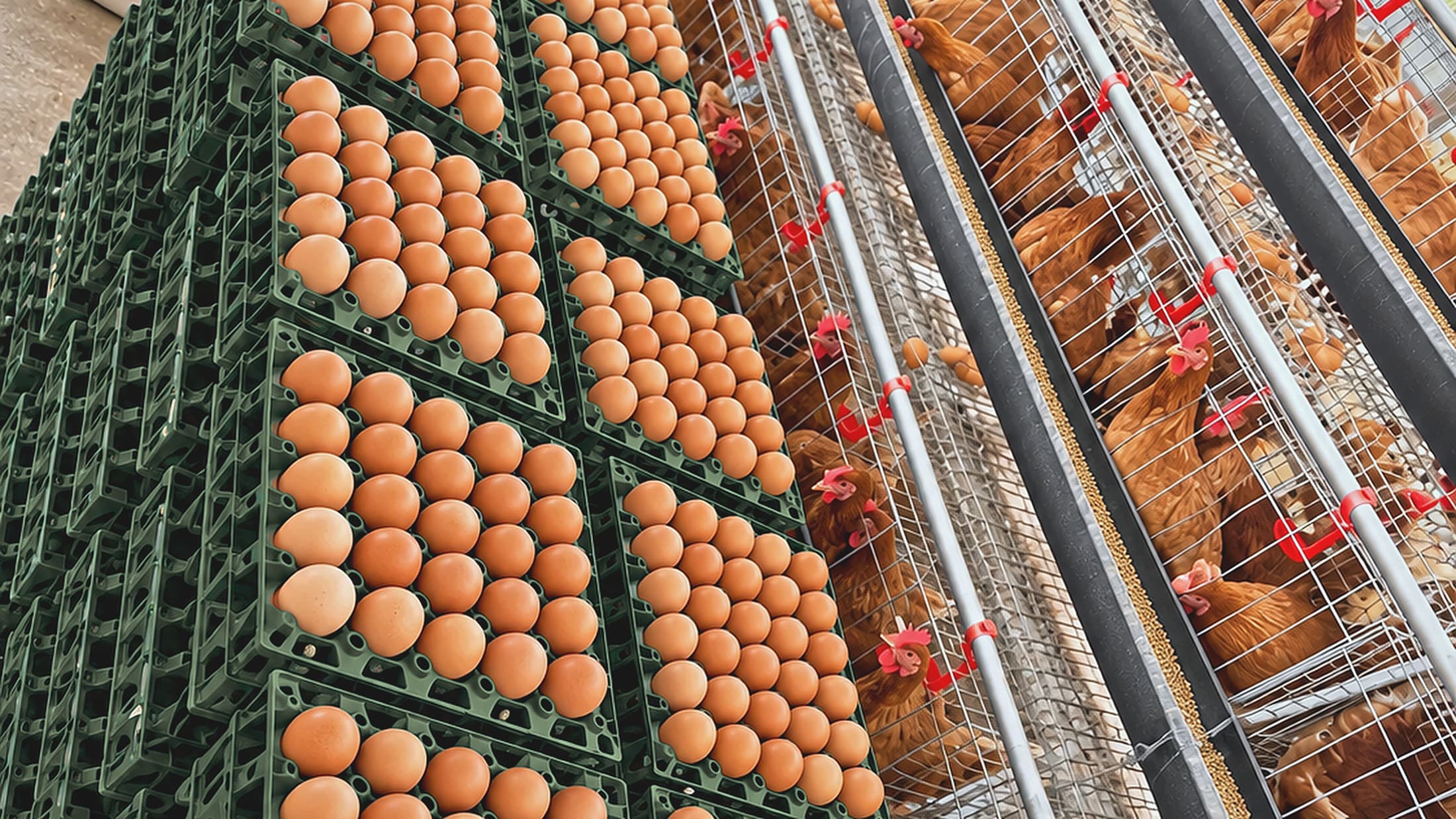 Stacked crates of brown eggs beside the layer cage bank at KR Farms