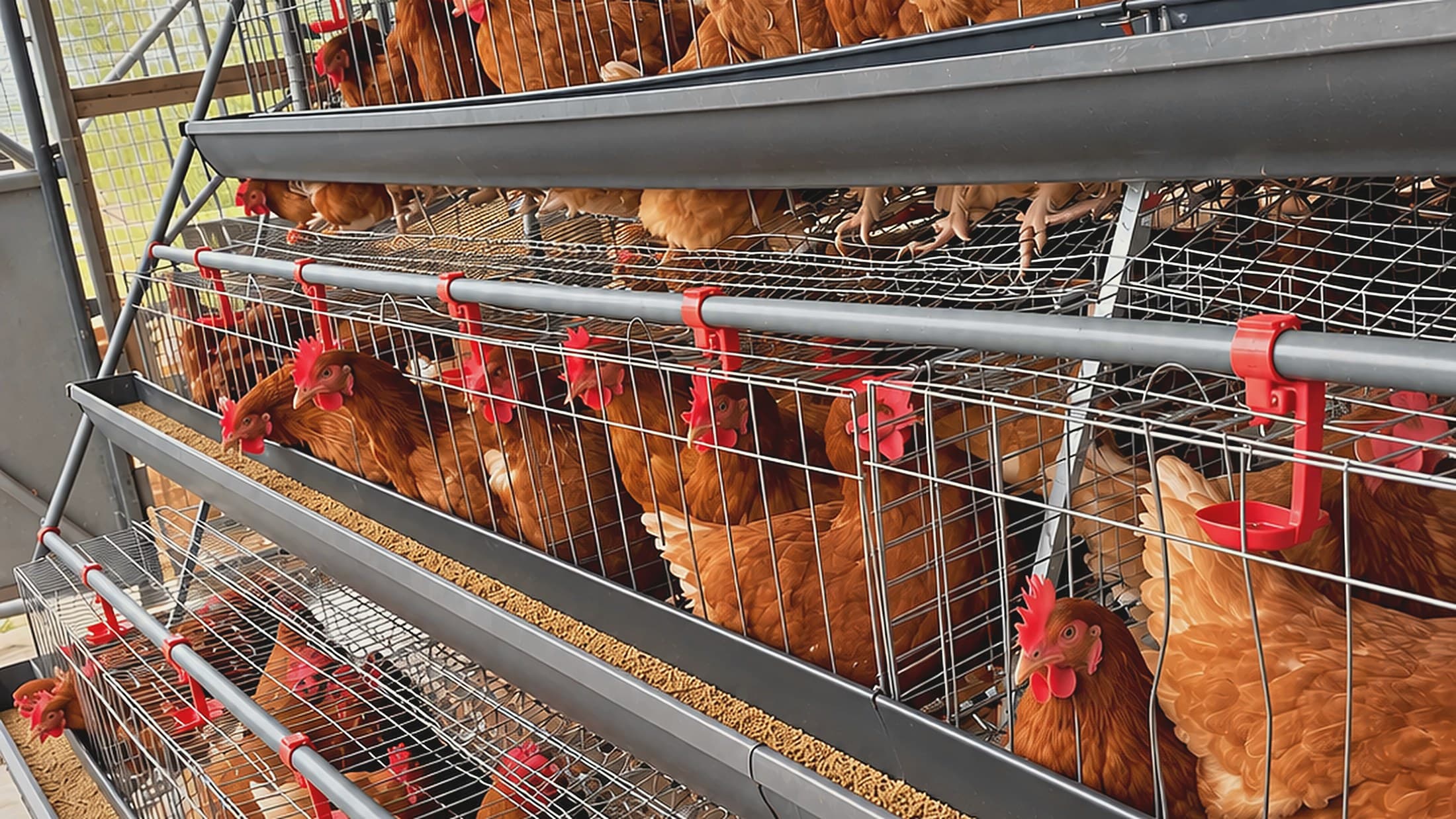 Rows of tiered layer cages inside the KR Farms poultry house